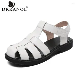 Casual Shoes DRKANOL Genuine Leather Roman Sandals Women Summer Concise Hook And Loop Flat Heel Slingback Comfort Ladies