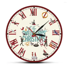 Wall Clocks Roman Numerals Twelve Days Of Christmas Non-Ticking Printed Clock Happy Year Holiday Red Watch Xmas Decor Duvar Saati