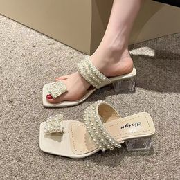 Fairy Style Pearl Thick Heeled Sandals For Women's Outerwear, New Versatile Toe Clip Crystal And Roman Sandals For Summer 2024