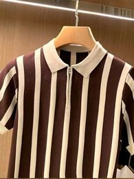 Striped Zipper Short Sleeve Knitted T-shirt Men Casual Slim Lapel Male Polo Shirts 2024 Summer Fashion Luxury Mens Blouses 240412