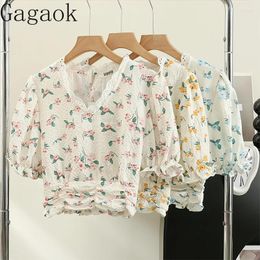 Women's Blouses Gagaok French Lace Patchwork Floral Bubble Sleeve Shirt For Summer 2024 Design Feeling Pleated Waistband Top