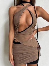 Work Dresses Women Party Outfits Hollow Out Halter Tops Bodycon Short Skirts Matching Set Summer 2024 Ruched Mesh Sexy Dress Sets