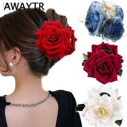 Hair Clips Barrettes AWAYTR Elegant Cloth Art Rose Flower Hair Claw Women Hair Clip Crab Clamp Fashion Headwear Shark Clip Wild Hair Accessories 240426