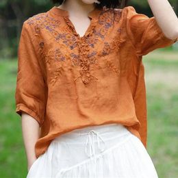 Women's Blouses Vintage Fashion Solid Color Embroidery Spliced Shirt Summer Clothing Loose All-match V-Neck Half Sleeve Blouse Female
