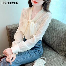 Women's Blouses BGTEEVER Autumn Stylish Loose Single-breasted Women Chiffon Shirts Tops Elegant Bow Neck Lantern Sleeve Female Solid