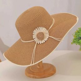 Wide Brim Hats Bucket Hats Spring/Summer Womens Hat 54-58cm Large Calibre Foldable Chrysanthemum Decoration Beach Sunshine C TY0224 J240425