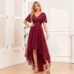 فساتين مدرج النساء الأنيقة V-neck كشكش قصيرة سيلف سهرة فستان A-line Gauze Gauze Irregular Party Dress الرسمية فستان Vestidos de Gala Y240426