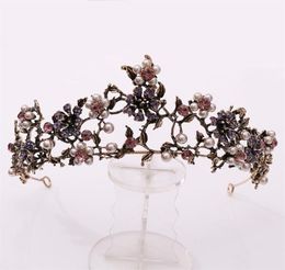 Baroque Vintage Black Purple Crystal Pearls Bridal Tiaras Crown Pageant Diadem Veil Tiara Wedding Hair Accessories 2107012411658