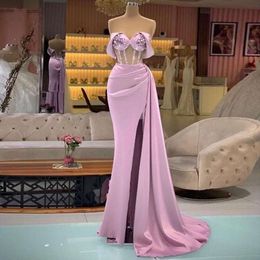 Light Off Blue Pink Sky Shoulder Mermaid Prom Dresses High Side Split Pearls Beaded Formal Evening Party Gowns For Women Satin Tail Dress Bc14066