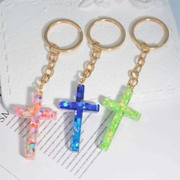 Keychains Lanyards Resin Jesus Christian Cross Keychain Dry Flower Glitter Decoration Pendant Handbag Hanging Chrams Car Trinket Accessories Gift