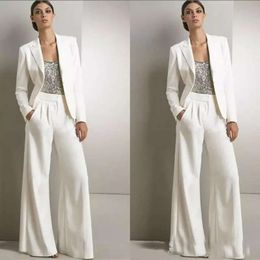 Pieces Elegant The Bride Mother Pants Three Of Suit Long Sleeves Women Blazers White Wedding Guest Dress Groom Mom Formal Party Evening Gowns