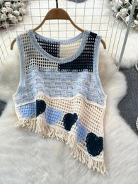 Women's Tanks American Retro Hollow Out Crochet Knitted Vest Women Summer O-Neck Loose Sleeveless Short Pullovers Camisole Irregular Tank