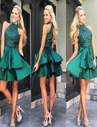 Custom Made Emerald Green Short Prom Dresses High Neck Beaded Satin Mini Homecoming Dresses Charming Cocktail Party Dress82336912016902
