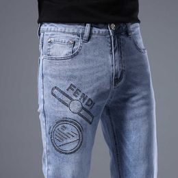 Brand Stamping Jeans for Mens Spring/summer Style Trendy Elastic Slim Fit Small Straight Tube Korean Version Handsome Guy