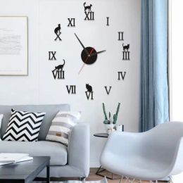 Clocks Modern Home Decor Wall Clocks Brief Roman Number Mirror Diy Clocks Digital Watch Quartz Living Room 3D Cat Design Wall Stickers