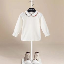 White Plaid Doll Collar Shirt Baby Girls Round Collar Long Sleeve Pullovers Spring Fall Toddler Girls Bottom Shirt Children 240425