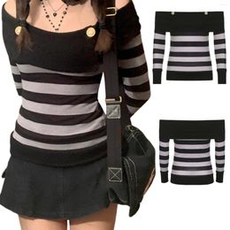 Women's T Shirts Female Casual Tops Striped Boat Neck Long Sleeve Blouse Pullover For Spring Autumn Black S/M/L