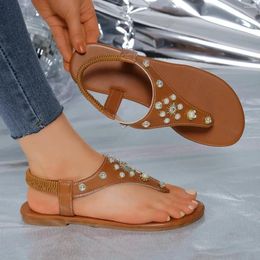 Casual Shoes Flats Slippers Women Rhinestone Beaded Beach Sandals Comfortable Non-slip Pinch Toe Lightweight Plus Size Sandalias Female
