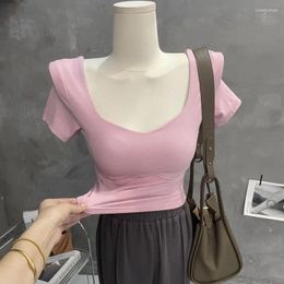 Women's T Shirts Wholesale Summer Square Neck For Women Slim Fit Crop Top Female 2024 Short Sleeve Tees Solid Elegant Shirt