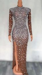 Stage Wear Sparkly Silver Rhinestones Transparent Evening Long Dress Birthday Celebrate Crystals Costume Dancer Prom Party