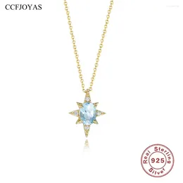 Pendants CCFJOYAS 925 Sterling Silver Geometric Octagonal Star Pendant Necklace For Women Simple Sky Blue Zircon Clavicle Chain