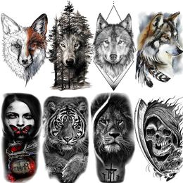 Tattoo Transfer OMMGO Black Wolf Forest Tribal Feather Tattoos Temporary Sticker Tree Fierce Animal Fake Tattoo For Men Body Art Custom Tatoos 240427