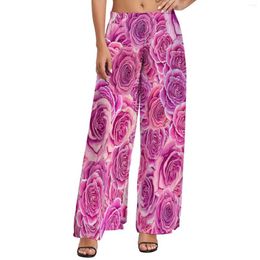 Women's Pants Roses Floral Pink Flowers Print Office Wide Leg Womens Oversized Streetwear Custom Straight Trousers