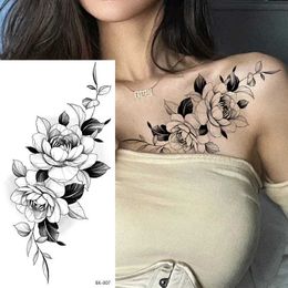 WS9A Tattoo Transfer Sketch Flowers Sketch Tattoo Rose Blossoms Black and White Flowers Temporary Tattoos Sticker size 240426