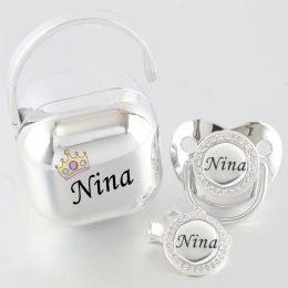 Accessories Customised Any Name Photo Bling Silver Baby Pacifier Clip Pacifier Box Set BPA Free Infant Nipple Luxury Pacifier Case Chupeta