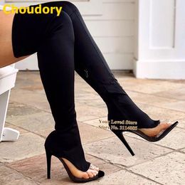 Boots Choudory Black Stretch Fabric Over-the-knee Clear PVC Patchwork Open Toe Thigh High Shoes Zipped Thin Heels