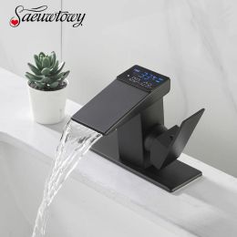Drives Waterfall Digital Display Basin Sink Faucet Hot Cold Water Temperature Led Washbasin Taps Bathroom Deck Mixers Black Crane