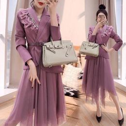 Work Dresses Fashion Designer Net Set Autumn Women Long Sleeve Beading Office Lady Suit Tops Mesh Asymmetrical Midi Skirt Two-piece Slim
