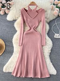 Casual Dresses SINGREINY Knit Halter Long Dress Women Sleeve Elegant Fashion 2024 Elastic Waist Ladies Winter Warm Sweater