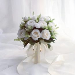 Bridal Bridesmaid Wedding Bouquet White Silk Flowers Roses Handmade Artificial Bride Mariage Bouquet Wedding Accessories 240425