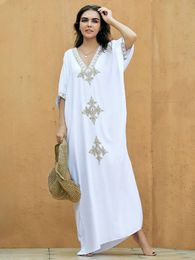 EDOLYNSA Elegant Gold Embroidered Kaftan Retro Robe V-neck White Dress Women Autumn/Winter Beach Swimsuit Cover Up Q1373 240412