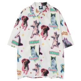 Camisas casuais masculinas Hawaiian Beach camisa de praia Hip Hop Funny Cartoon Dog Cat Print Hawaii Shirt