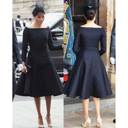 A Of Mother Line Meghan Elegant Black Markle The Bride Des Long Sleeves Bow Sashes Bateau Vintage Tea Length Formal Evening Gowns Women Prom Wedding Party