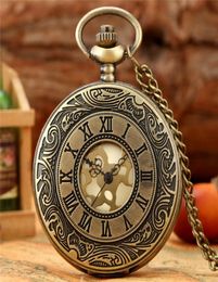 Antique Mens Womens Quartz Analog Pocket Watch Carved Roman Numeral Alloy Case Half Hunter Necklace Chain Xmas Gift6184312