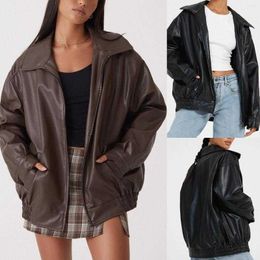 New designer Women Faux Leather Motorcycle Casual Long Sleeve Coat Loose Fit Cool Lapel Jacket Autumn Winter Streetwear