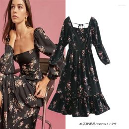 Casual Dresses French Style Retro Square Collar Puff Sleeve Off-Shoulder Floral Dress Women's Elegant Ruffle Spring Bottoming Skirt