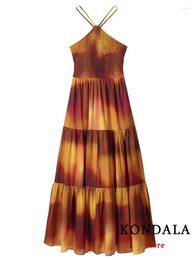 Casual Dresses KONDALA Vintage Women Dress Print Halter Folds Backless Straight Long Fashion 2024 Summer Holiday Vestidos