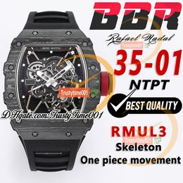 BBR 35-01 RMUL3 Mechanical Hand-winding Mens Watch NTPT Carbon Fibre Case Skeleton Dial Black Natural Rubber Strap Super Edition Sport Trustytime001 Wristwatches
