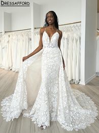 African V-Neck Floral Appliques Lace Mermaid Wedding Dresses Detachable Train Spaghetti Straps Backless Bridal Gowns