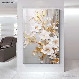Abstract Gold Leaf Floral White Flower Oil Painting On Canvas,Poster, Modern Print Wall Art Home Decorative Picture,No Framed