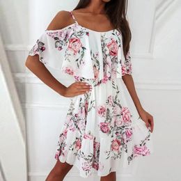 Casual Dresses Women Dress Ruffle Spaghetti Strap Patchwork Off Shoulder Short Sleeve Lady Sling For Beach Sundress Vacation Mini