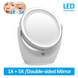 Mirrors LED Makeup Mirror 1X 5X Magnification Rotating Portable Double Sided Cosmetic Mirrors With LED Light Lamp Dressing Vanity Mirror