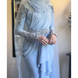 Flores árabes longas vestidos de kaftan mangas noturno dubai renda com miçanga de chiffon azul -céu islâmico dos vestidos formais do OCN Prom Abiye Elbisesi