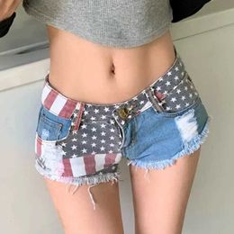 Women's Shorts 2024 New Summer Womens Printed National Flag Sexy Low Waist Jeans Denim Shorts Nightclub Ripped Jeans for Women Xs-xxl Y240425