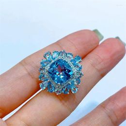 Cluster Rings Ring For Woman With Natural Switzerland Blue Topaz Gemstone 10 10mm Vintage Jewellery Dating Lady Gift