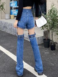 Women's Jeans Fashion Hollow Out Woman High Waist Patchwork Two Piece Set Streetwear Girls Denim Pants Female Trousers